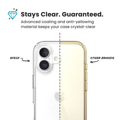 A split back view of the phone case with phone inside from straight on, with one side showing the clarity of Speck clear cases, and the other side showing the yellowing from other brands. Text reads Stays Clear. Guaranteed: Advanced coating and anti-yellowing material keeps your case crystal-clear#color_clear