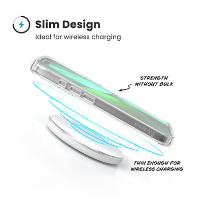A phone in the case hovers above a wireless charger. Text reads Slim Design: Ideal for wireless charging; Strength without bulk; Thin enough for wireless charging#color_clear