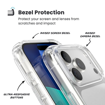 Raised bezels around phone screen and camera are highlighted. Text reads Bezel Protectection: Protect your screen and lenses from scratches and impact; Raised screen bezel; Raised camera bezel; Ultra-responsive buttons#color_clear