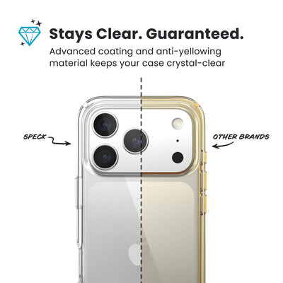 A split back view of the phone case with phone inside from straight on, with one side showing the clarity of Speck clear cases, and the other side showing the yellowing from other brands. Text reads Stays Clear. Guaranteed: Advanced coating and anti-yellowing material keeps your case crystal-clear#color_clear