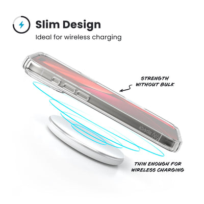 A phone in the case hovers above a wireless charger. Text reads Slim Design: Ideal for wireless charging; Strength without bulk; Thin enough for wireless charging#color_clear