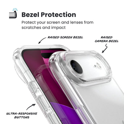 Raised bezels around phone screen and camera are highlighted. Text reads Bezel Protectection: Protect your screen and lenses from scratches and impact; Raised screen bezel; Raised camera bezel; Ultra-responsive buttons#color_clear