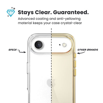 A split back view of the phone case with phone inside from straight on, with one side showing the clarity of Speck clear cases, and the other side showing the yellowing from other brands. Text reads Stays Clear. Guaranteed: Advanced coating and anti-yellowing material keeps your case crystal-clear#color_clear