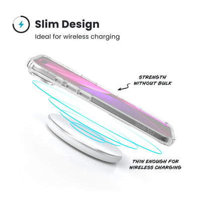 A phone in the case hovers above a wireless charger. Text reads Slim Design: Ideal for wireless charging; Strength without bulk; Thin enough for wireless charging#color_clear