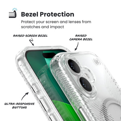 Raised bezels around phone screen and camera are highlighted. Text reads Bezel Protectection: Protect your screen and lenses from scratches and impact; Raised screen bezel; Raised camera bezel; Ultra-responsive buttons#color_clear-silver