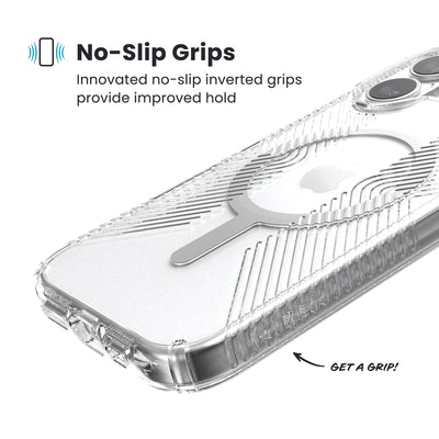 Close-up of grips on the back and side of a phone case. Text reads No-Slip Grips: Innovated no-slip inverted grips provide improved hold; Get a grip!#color_clear-silver