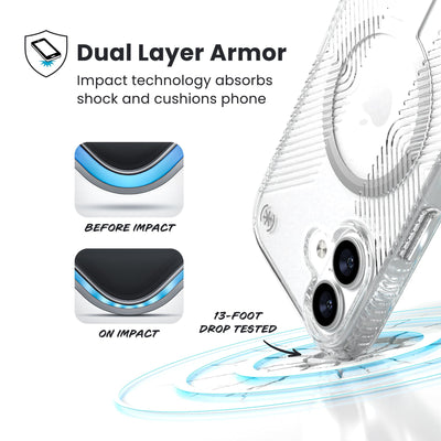 A corner of the case impacts the ground - a diagram shows interior cushion of phone before impact and on impact. Text reads Dual Layer Armor: Impact technology absorbs shock and cushions phone; 13-foot drop tested#color_clear-silver