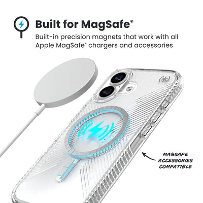 A MagSafe charger hovers over the back of the phone case. Text reads Built for MagSafe: Built-in precision magnets that work with all Apple MagSafe chargers and accessories; MagSafe accessories compatible#color_clear-silver