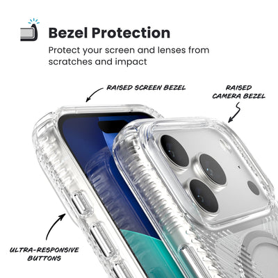 Raised bezels around phone screen and camera are highlighted. Text reads Bezel Protectection: Protect your screen and lenses from scratches and impact; Raised screen bezel; Raised camera bezel; Ultra-responsive buttons#color_clear-silver