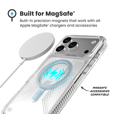 A MagSafe charger hovers over the back of the phone case. Text reads Built for MagSafe: Built-in precision magnets that work with all Apple MagSafe chargers and accessories; MagSafe accessories compatible#color_clear-silver