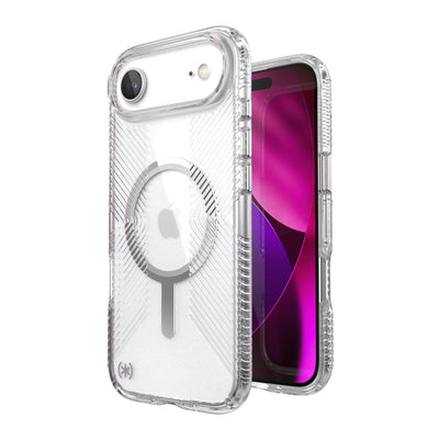 Three-quarter view of back of phone case with phone inside shown over top of front view of phone case with phone inside#color_clear-silver