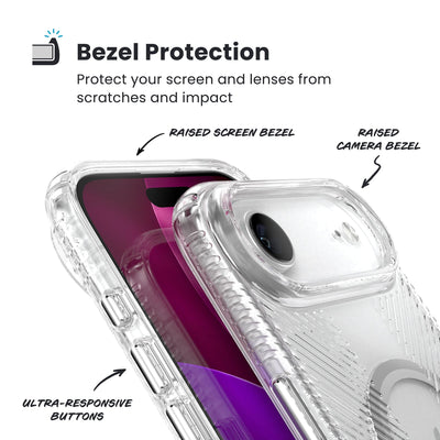 Raised bezels around phone screen and camera are highlighted. Text reads Bezel Protectection: Protect your screen and lenses from scratches and impact; Raised screen bezel; Raised camera bezel; Ultra-responsive buttons#color_clear-silver