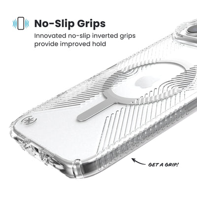 Close-up of grips on the back and side of a phone case. Text reads No-Slip Grips: Innovated no-slip inverted grips provide improved hold; Get a grip!#color_clear-silver