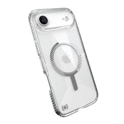 Tilted slight perspective view of back of phone case with phone inside#color_clear-silver