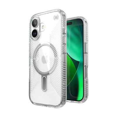 Three-quarter view of back of phone case with phone inside shown over top of front view of phone case with phone inside#color_clear-silver