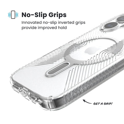 Close-up of grips on the back and side of a phone case. Text reads No-Slip Grips: Innovated no-slip inverted grips provide improved hold; Get a grip!#color_clear-silver