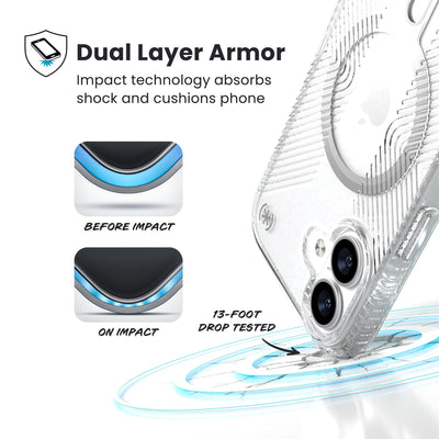A corner of the case impacts the ground - a diagram shows interior cushion of phone before impact and on impact. Text reads Dual Layer Armor: Impact technology absorbs shock and cushions phone; 13-foot drop tested#color_clear-silver