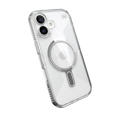 Tilted slight perspective view of back of phone case with phone inside#color_clear-silver