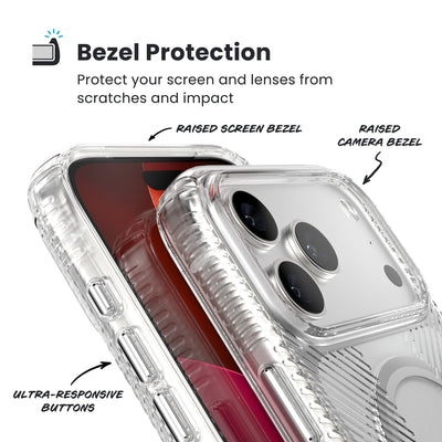 Raised bezels around phone screen and camera are highlighted. Text reads Bezel Protectection: Protect your screen and lenses from scratches and impact; Raised screen bezel; Raised camera bezel; Ultra-responsive buttons#color_clear-silver