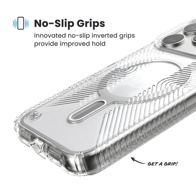 Close-up of grips on the back and side of a phone case. Text reads No-Slip Grips: Innovated no-slip inverted grips provide improved hold; Get a grip!#color_clear-silver
