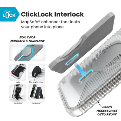 A ClickLock Wallet accessory hovers over the back of the phone case with interlock bolt extended and arrow pointing to bolt receptacle in case. Various Speck ClickLock accessories are also shown. Text reads ClickLock Interlock: MagSafe enhancer that locks your phone into place; Built for MagSafe and ClickLock; Locks Speck ClickLock accessories onto phone#color_clear-silver