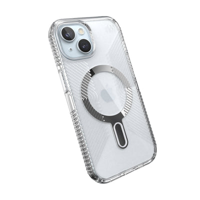 Tilted three-quarter angled view of back of phone case.#color_clear-chrome