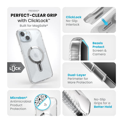 Summary of all product features such as MagSafe compatibility, ClickLock no-slip interlock, dual-layer protection, Microban antimicrobial product protection, raised bezels to protect screen and camera, and no-slip grips for better hold.#color_clear-chrome
