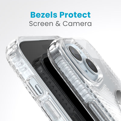 A case with phone inside with camera facing up is lying on top of a case with phone inside with screen facing up. Both are at a sharp angle clearly showing case's raised bezels around screen and camera. Text reads bezels protect screen and camera.#color_clear-chrome