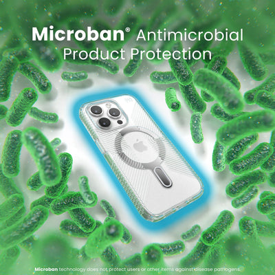 A case with phone inside is surrounded by bacteria. A blue halo around the phone keeps the bacteria away. Text reads Microban antimicrobial product protection. Microban technology does not protect users or other items against disease pathogens.#color_clear-chrome