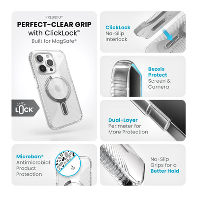 Summary of all product features such as MagSafe compatibility, ClickLock no-slip interlock, dual-layer protection, Microban antimicrobial product protection, raised bezels to protect screen and camera, and no-slip grips for better hold.#color_clear-chrome