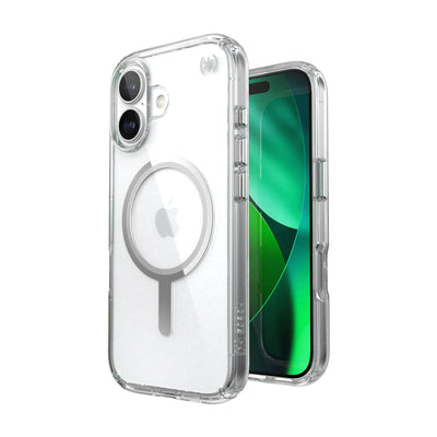 Three-quarter view of back of phone case with phone inside shown over top of front view of phone case with phone inside#color_clear-silver