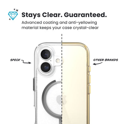 A split back view of the phone case with phone inside from straight on, with one side showing the clarity of Speck clear cases, and the other side showing the yellowing from other brands. Text reads Stays Clear. Guaranteed: Advanced coating and anti-yellowing material keeps your case crystal-clear#color_clear-silver