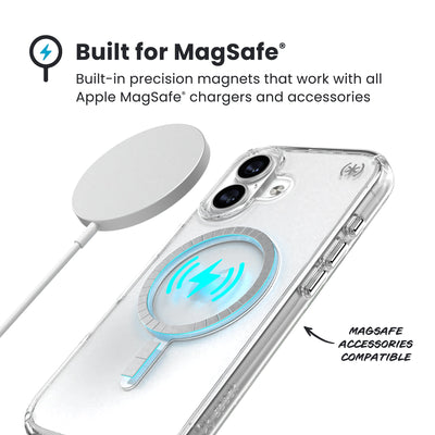 A MagSafe charger hovers over the back of the phone case. Text reads Built for MagSafe: Built-in precision magnets that work with all Apple MagSafe chargers and accessories; MagSafe accessories compatible#color_clear-silver