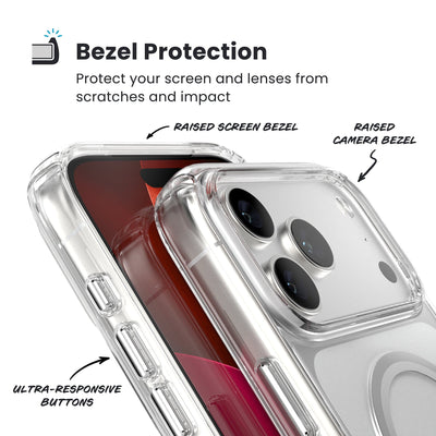Raised bezels around phone screen and camera are highlighted. Text reads Bezel Protectection: Protect your screen and lenses from scratches and impact; Raised screen bezel; Raised camera bezel; Ultra-responsive buttons#color_clear-silver