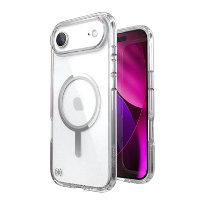 Three-quarter view of back of phone case with phone inside shown over top of front view of phone case with phone inside#color_clear-silver