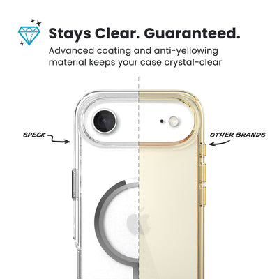 A split back view of the phone case with phone inside from straight on, with one side showing the clarity of Speck clear cases, and the other side showing the yellowing from other brands. Text reads Stays Clear. Guaranteed: Advanced coating and anti-yellowing material keeps your case crystal-clear#color_clear-silver