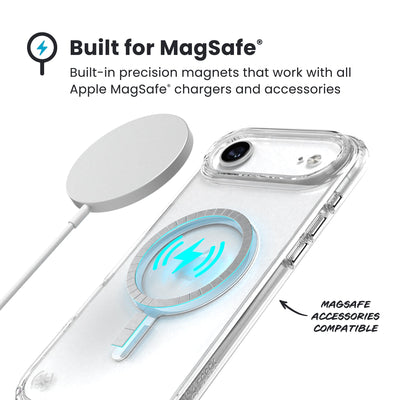 A MagSafe charger hovers over the back of the phone case. Text reads Built for MagSafe: Built-in precision magnets that work with all Apple MagSafe chargers and accessories; MagSafe accessories compatible#color_clear-silver