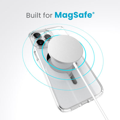 A case with phone inside with camera facing up and MagSafe wireless charger hovering above with concentric circles eminating from charger to signify power transfer. Text in image reads built for MagSafe.#color_clear-chrome
