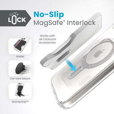 A ClickLock Wallet hovers above a ClickLock case with interlock bolt extended and arrow pointing to bolt receptacle on case. Text in image reads ClickLock No-Slip MagSafe Interlock. Works with all ClickLock accessories - Wallet, Car Vent Mount, and StandyGrip.#color_clear-chrome