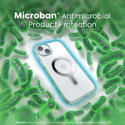 A case with phone inside is surrounded by bacteria. A blue halo around the phone keeps the bacteria away. Text reads Microban antimicrobial product protection. Microban technology does not protect users or other items against disease pathogens.#color_clear-chrome