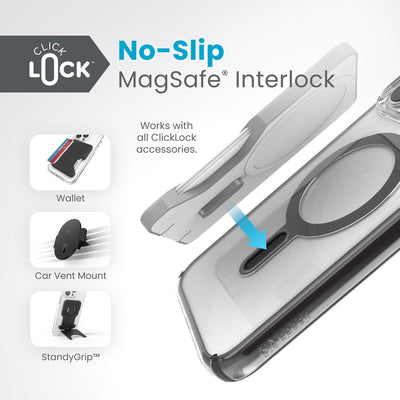 A ClickLock Wallet hovers above a ClickLock case with interlock bolt extended and arrow pointing to bolt receptacle on case. Text in image reads ClickLock No-Slip MagSafe Interlock. Works with all ClickLock accessories - Wallet, Car Vent Mount, and StandyGrip.#color_clear-black