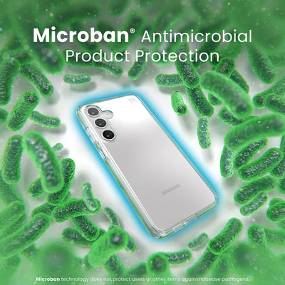 A case is surrounded by bacteria. A halo around the phone keeps the bacteria away. Text reads Microban antimicrobial product protection#color_clear