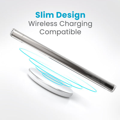A phone is charging over a wireless charger. Text reads slim design, wireless charging compatible#color_clear