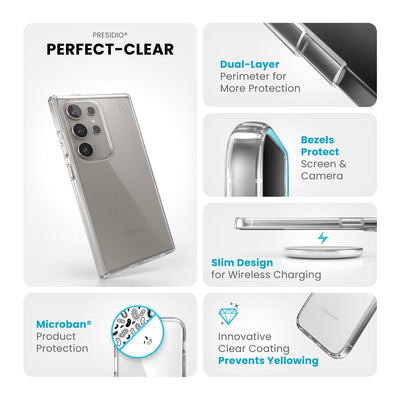 Summary of product features such as wireless charging compatibility, dual-layer protection, antimicrobial protection, raised bezels, and anti-yellowing coating#color_clear