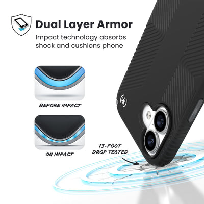 A corner of the case impacts the ground - a diagram shows interior cushion of phone before impact and on impact. Text reads Dual Layer Armor: Impact technology absorbs shock and cushions phone; 13-foot drop tested#color_black-slate-grey