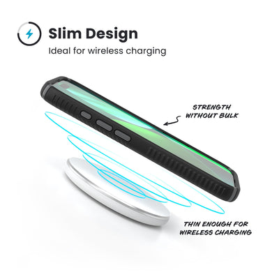 A phone in the case hovers above a wireless charger. Text reads Slim Design: Ideal for wireless charging; Strength without bulk; Thin enough for wireless charging#color_black-slate-grey