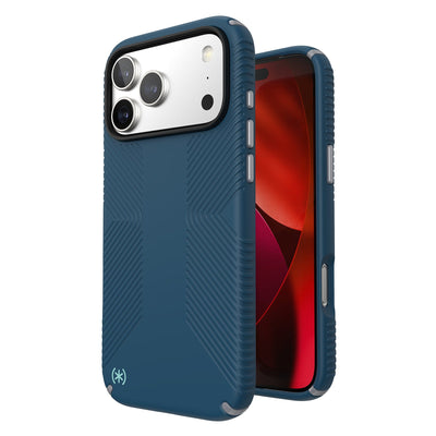 Three-quarter view of back of phone case with phone inside shown over top of front view of phone case with phone inside#color_deep-sea-silver-metallic