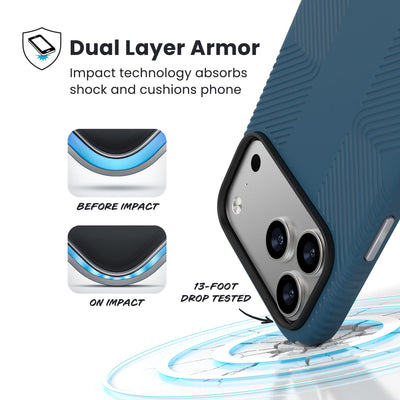 A corner of the case impacts the ground - a diagram shows interior cushion of phone before impact and on impact. Text reads Dual Layer Armor: Impact technology absorbs shock and cushions phone; 13-foot drop tested#color_deep-sea-silver-metallic
