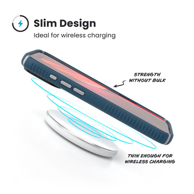 A phone in the case hovers above a wireless charger. Text reads Slim Design: Ideal for wireless charging; Strength without bulk; Thin enough for wireless charging#color_deep-sea-silver-metallic