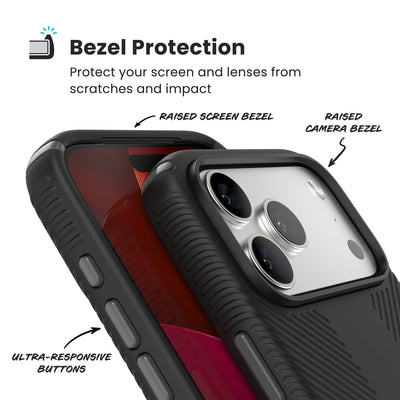 Raised bezels around phone screen and camera are highlighted. Text reads Bezel Protectection: Protect your screen and lenses from scratches and impact; Raised screen bezel; Raised camera bezel; Ultra-responsive buttons#color_black-slate-grey